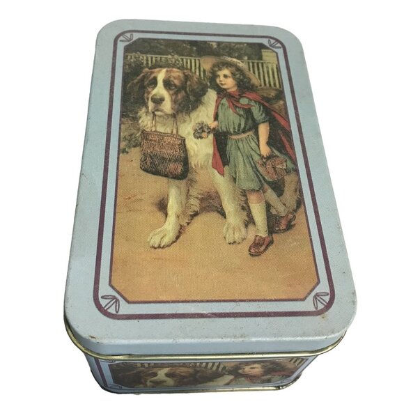 Vintage Tin Box With Girl & St. Bernard Dog Print Blue Trim Nostalgic 5" X 3 " - Picture 1 of 9